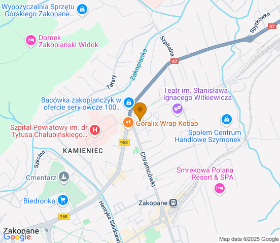 Mapa dojazdu do hurtowni motoryzacyjnej w miejscowości Zakopane