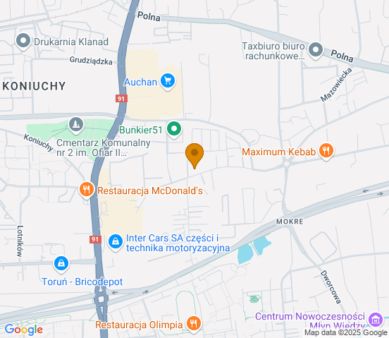Mapa dojazdu do warsztatu samochodowego w miejscowości Toruń