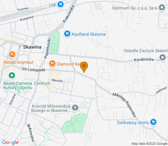 Mapa dojazdu do warsztatu samochodowego w miejscowości Skawina