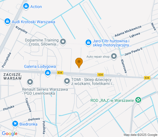 Mapa dojazdu do warsztatu samochodowego w miejscowości Warszawa