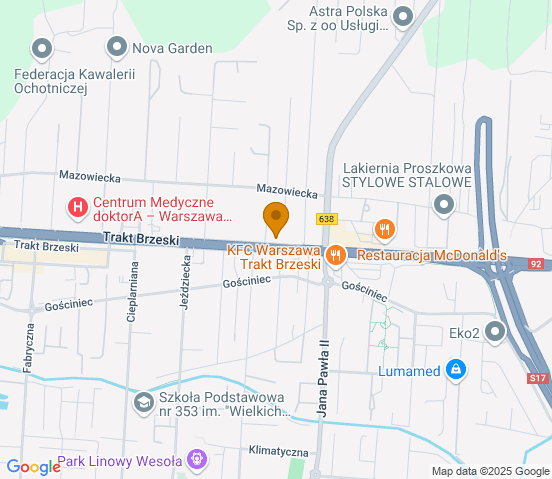 Mapa dojazdu do warsztatu samochodowego w miejscowości Warszawa