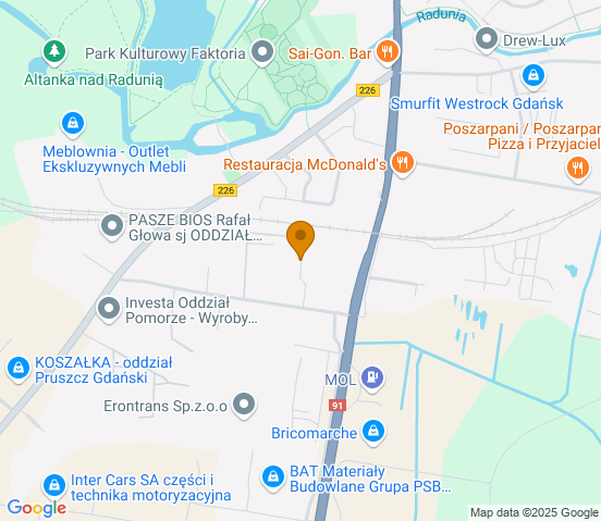 Mapa dojazdu do warsztatu samochodowego w miejscowości Pruszcz Gdański