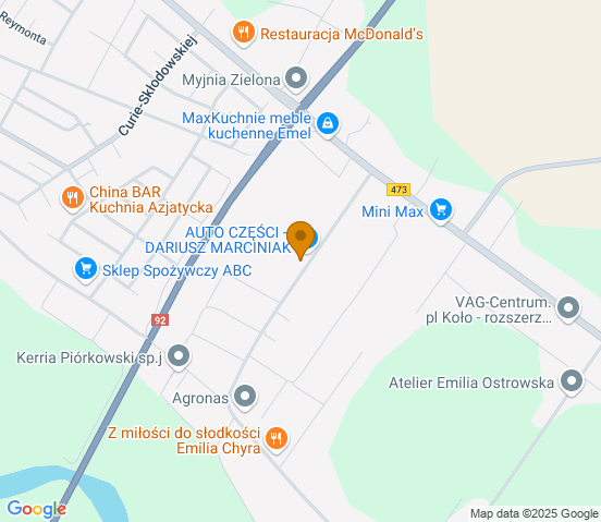 Mapa dojazdu do warsztatu samochodowego w miejscowości Powiercie-Kolonia